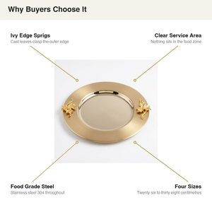 Assiette de présentation de luxe faite à la main en acier inoxydable 304, 33 cm, avec bordure en motif de lierre PVD doré, pour la décoration intérieure, les hôtels et les mariages - Product Image 5