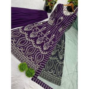 Hermoso Conjunto de Salwar Kameez de Poliéster con Bordado Pesado y Lentejuelas, Estilo Top-Down y Dupatta, para Bodas, Talla XL - Product Image 5