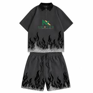 Custom <b>Men</b> Flame Print Half <b>Zip</b> Polo Shirt <b>Shorts</b> Set 2 Piece Summer Streetwear Hip Hop Outfit Casual Active Wear Clothes - Product Image 2