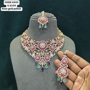 Elegant Rose Gold Finish <b>Floral</b> Cluster Statement Necklace Set Teardrop Tassel Bridal Wedding Jewelry Earrings And Mang Tika Set - Product Image 5