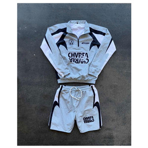 Rhino Fitness Best Unisex Windproof <b>Hooded</b> Loose Fit Tracksuit Set Light Green White Half-<b>Zip</b> Drawstring Shorts Full Sleeve - Product Image 2