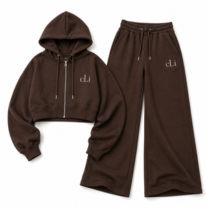 Ensemble de survêtement pour femme avec sweat à capuche court zippé marron chocolat et pantalon à jambe large en molleton de coton GSM, coupe ample, personnalisable, direct usine, OEM - Product Image 4