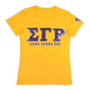 T-shirt à sequins SGR jaune avec patch, manches courtes, motif graphique personnalisé lettres grecques Sigma Gamma Rho Sorority, style décontracté et tendance - Product Image 1