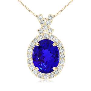 Collier pendentif en or 14 carats certifié IGI, style nœud papillon, avec tanzanite taille ovale 0,4 carats et diamants 0,2 carats, chaîne à maillons, pendentif le plus vendu - Product Image 1