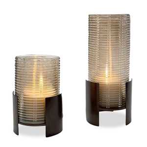 Modern Ribbed <b>Glass</b> <b>Hurricane</b> Set With Bronze Metal Base Elegant Industrial Design For Home Decor & Events Premium Quality - Product Image 5