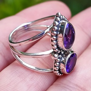 Amethyst <b>Ring</b> Handmade Sterling Silver Bezel Setting Natural Purple Pear & Round Gemstone <b>Boho</b> Jewelry February Birthstone - Product Image 4