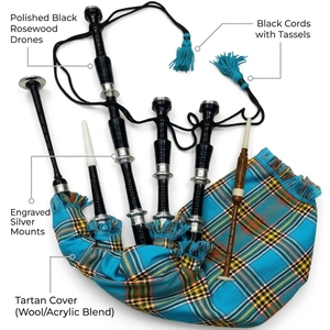 Gaita de celtas escocesa Anderson Ancient Tartan Great Highland, de tamaño completo, con monturas de plata y madera de palisandro turquesa, juego completo. - Product Image 5