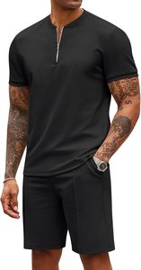 OEM Wholesale Custom Logo Breathable Solid Mens Zipper Style <b>Collar</b> <b>T</b>-<b>Shirt</b> Short Pant Comfortable Summer Casual Gym Wear - Product Image 2