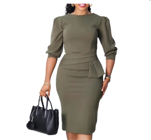 Elegante Vestido Lápiz Verde Oliva con Mangas Abullonadas y Cinturón para Oficina - Product Image 3