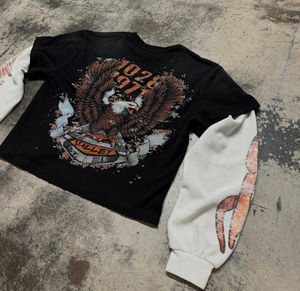 Camiseta de hombre personalizada con serigrafía, estilo vintage, de algodón, con efecto rasgado, manga doble gofrada, desgastada, lavado ácido, 100% algodón tejido. - Product Image 4