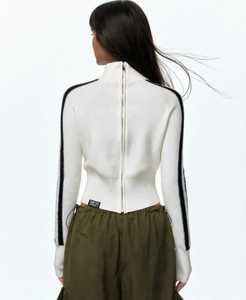 Oneten Chaqueta de punto con cremallera para mujer, cuello alto, bloques de color, rayas, manga larga, top corto - Product Image 2