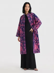 <b>Women</b> Boho <b>Velvet</b> Cotton Suzani Long <b>Jacket</b> Embroidered With Pink Floral Design Bohemian Full Sleeve Winter Outerwear - Product Image 4