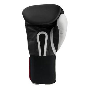 Black White Synthetic Leather Boxing <b>Gloves</b> Red Trim Full Finger <b>Moisture</b> Wicking Adjustable Wrist Strap Hook-and-Loop Closure - Product Image 2