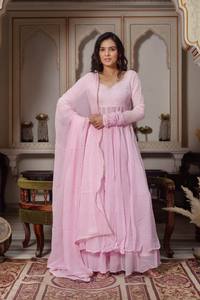 Ensemble Kurta traditionnel indien pakistanais rose pour femmes avec dupatta, coupe ample, tenue ethnique longue jusqu'au sol - Product Image 2