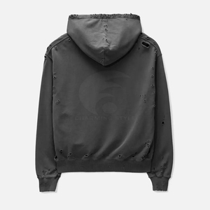 Sudadera con Capucha para Hombre, Corte Regular, 100% Algodón, Felpa Francesa, Impermeable, 300g, Lavado Desgastado, Color Negro Sólido, Informal, Invierno - Product Image 5