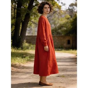 Women <b>Boho</b> Red <b>Long</b> Sleeve Maxi <b>Dress</b> Loose Fit Flowing Casual Vintage Cotton Linen Party <b>Dress</b> - Product Image 2