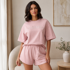 Ensemble T-shirt court rose et short pour femme, col rond, manches courtes, coupe ample, imprimé lettres, 100 % coton, idéal printemps-été - Product Image 4