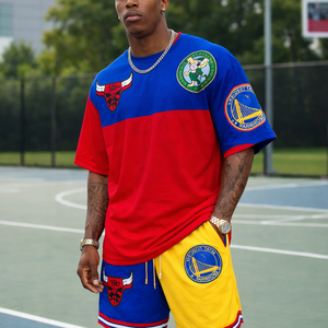 Ensemble Coordonné de Basketball Oversize Multi-Logos – Édition Performance Urbaine pour Homme en French Terry, Effet Délavé à l'Acide et Teint au Soleil - Product Image 1