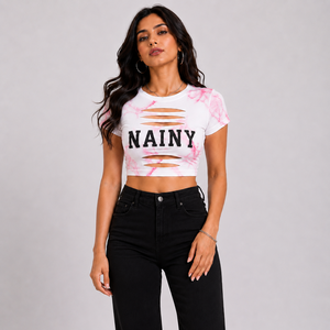 Camiseta Corta Sexy con Aberturas para Mujer, Ajustada, de Moda Urbana, Informal, para Fiesta, Top de Verano, Camisa Informal de Moda - Product Image 1