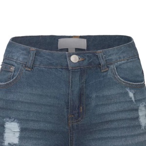 Shorts en jean déchirés taille haute pour femme, décontractés, en coton délavé, avec braguette boutonnée, couleur unie - Product Image 6