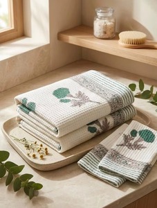 Ensemble de serviettes en coton gaufré brodé motif feuille, 2 serviettes de toilette et 1 serviette de bain, imprimé au bloc, absorbant, écologique, pour adulte - Product Image 1