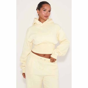 Ensemble de survêtement court à capuche pour femme, couleur crème, manches longues, coupe ample, décontracté, 2 pièces, en molleton, couleur unie - Product Image 5