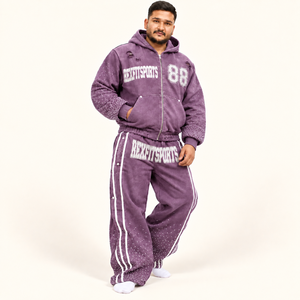 REXFITSPORTS Nouvel ensemble deux pièces streetwear pour homme : sweat à capuche zippé violet personnalisé avec strass et pantalon large - Product Image 4