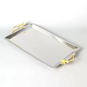 Plateau de service ovale en acier inoxydable de style moyen-oriental avec poignées, finition polie, design moderne, durable, compatible lave-vaisselle, biodégradable - Product Image 2