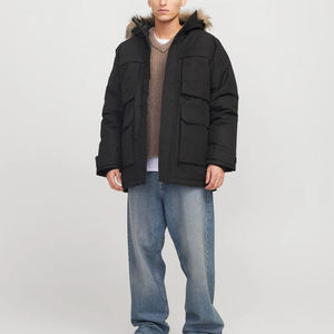 Men Winter Parka Hooded <b>Fur</b> <b>Trim</b> Puffer Jacket Regular Standard Windproof Casual Outdoor Coat Black Custom Logo OEM Service Plus - Product Image 4