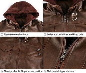 Blouson moto décontracté marron pour homme en similicuir brodé, col montant, fermeture éclair, style urbain, hiver - Product Image 5