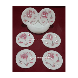 Most Beautiful High Quality <b>White</b> Marble Florals Inlay Design Work Coaster Set Use For Keep On Glass And Use For Home Kitchen - Product Image 5