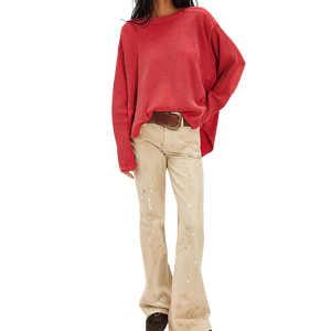 Camiseta de manga larga de punto gofrado rojo oversize para mujer, cuello redondo, ajuste holgado, top de algodón para todas las estaciones, estilo urbano, camiseta térmica para mujer - Product Image 5