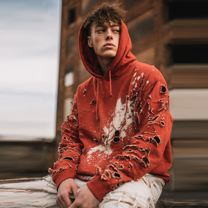 Vintage Distress Hoodie <b>Men</b> Windproof Drop Shoulder <b>Pullover</b> Hood Tops <b>Men's</b> Street Fashion Wear Windproof Hoodies <b>Men's</b> - Product Image 1