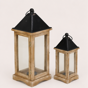 Farmhouse Decorative Wooden <b>Lantern</b> <b>Set</b> with Metal Top Rustic Vintage Wood Candle Holder for Home Decor Garden Light - Product Image 1