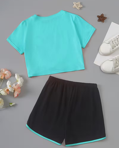 Girls 2-Piece Set Short Sleeve Crop Top With <b>Heart</b> Print <b>Black</b> Shorts With Turquoise Trim Breathable Polyester Cotton Casual - Product Image 2
