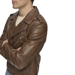 Men's Brown Genuine <b>Leather</b> Moto <b>Jacket</b> Turn-down Collar Zipper Closure Regular Fit Solid Color <b>Jacket</b> Available For Online Sale - Product Image 5