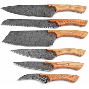 Juego de Cuchillos de Chef Profesionales de Acero de Damasco Hechos a Mano por Ahmad Fabric, 6 Piezas, Mango de Madera, Funda de Cuero, Diseño Moderno, Personalizable - Product Image 1