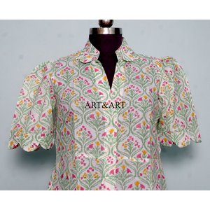 Robe longue trapèze en pur coton pour femme, imprimée à la main motif floral, style décontracté et élégant, idéale pour le quotidien et les fêtes, lavable, coupe simple et confortable. - Product Image 2