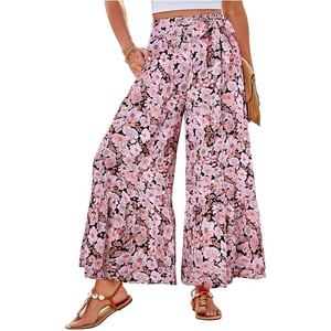 Pantalones anchos con estampado floral para mujer, pantalones de verano con cintura elástica de gasa, holgados hasta el tobillo, estilo bohemio informal - Product Image 5