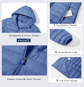 Women's Hooded Quilted <b>Jacket</b> Solid Blue Full Sleeve Zipper Closure Polyester Wadding Autumn Wear - Product Image 6