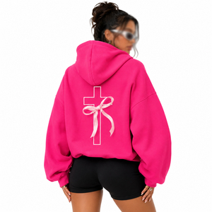 Custom Women Hoodies Hot Pink Oversized Cotton Fleece <b>Drop</b> Shoulder Bow Cross <b>Back</b> Graphic Pullover Private Label Factory Direct - Product Image 1