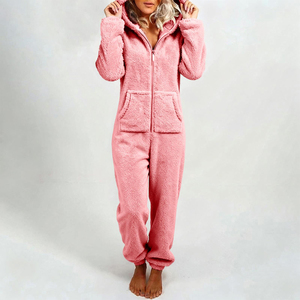 Pijama enterizo con capucha para mujer, de manga larga, color liso, de forro polar tejido, con cremallera, ropa cómoda para estar en casa, ropa de invierno - Product Image 2