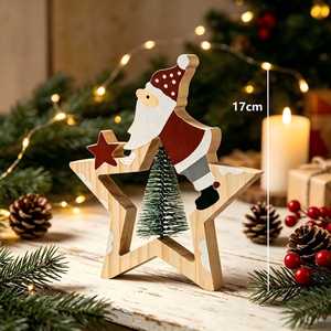 Árbol de Navidad de madera y decoraciones de estrellas con figuras de Papá Noel, adornos festivos de mesa, decoración festiva rústica - Product Image 3