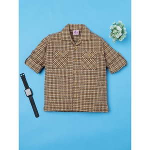 Chemise en coton beige et marron à micro-carreaux décontractée pour garçons - Product Image 4