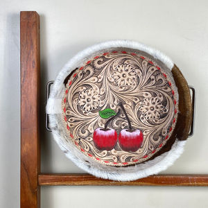 Premium Hand Tooled Floral & Apple Motif Design Rustic Serving Tray Western Cowhide Leather Round Farmhouse Storage Organizer - Product Image 6