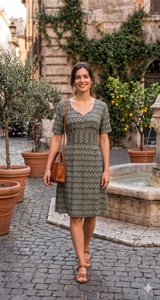 Vestido Estampado con Cuello en V, Corte en A, Largo hasta la Rodilla, Cintura Elástica, Manga Corta, Transpirable, de Algodón Tejido, Estilo Casual, Vintage, para Uso Diario, Verano - Product Image 6