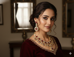 Raasika navratna royale heirloom necklace and earrings set hpandcrafted with premium deep ruby-<b>red</b> oval and teardrop stones - Product Image 3