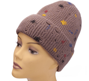 Bonnet en tricot noir avec points brodés colorés, bord côtelé, chapeau d'hiver - Product Image 5