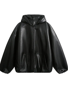 Chaqueta de invierno informal coreana para hombre, abrigo corto de cuero sintético negro con capucha y cremallera, ropa suelta, suave y cálida. - Product Image 5