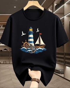 Camiseta para Hombre Ecológica 100% Algodón con Diseño Náutico de Faro, Ancla y Olas, Cuello Redondo, Manga Corta, Corte Regular - Product Image 1